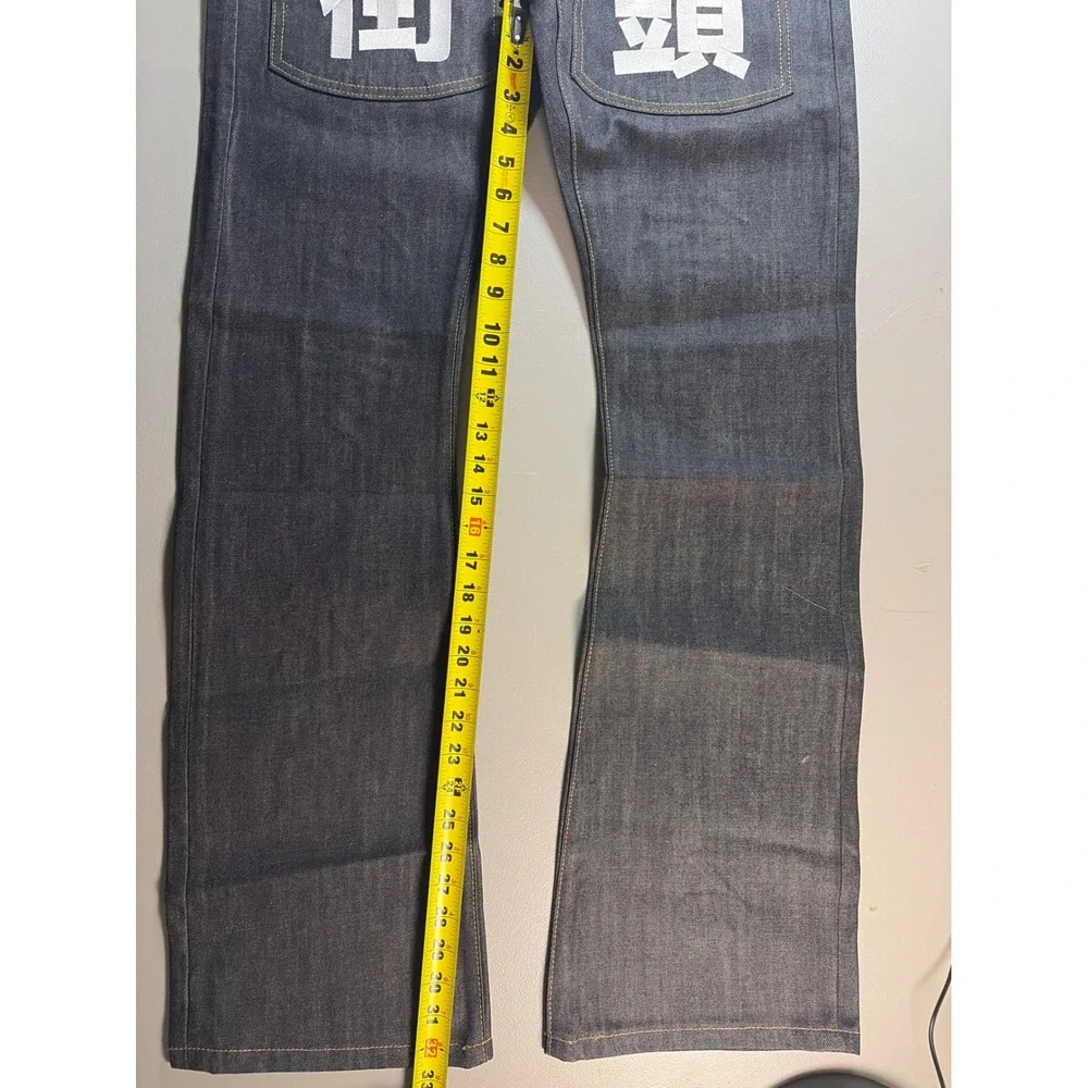 VINKID Kanji Graphic Jeans Mens Small Dark Indigo Wide Leg Streetwear Denim